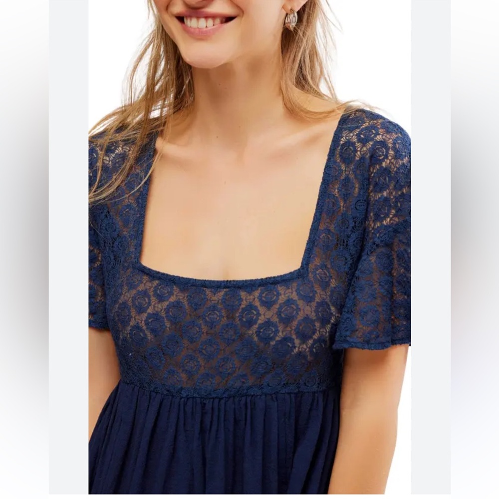 Free People Bring the Romance Handkerchief Hem Lace Maxi Dress in Navy Blue - S - Picture 3 of 13